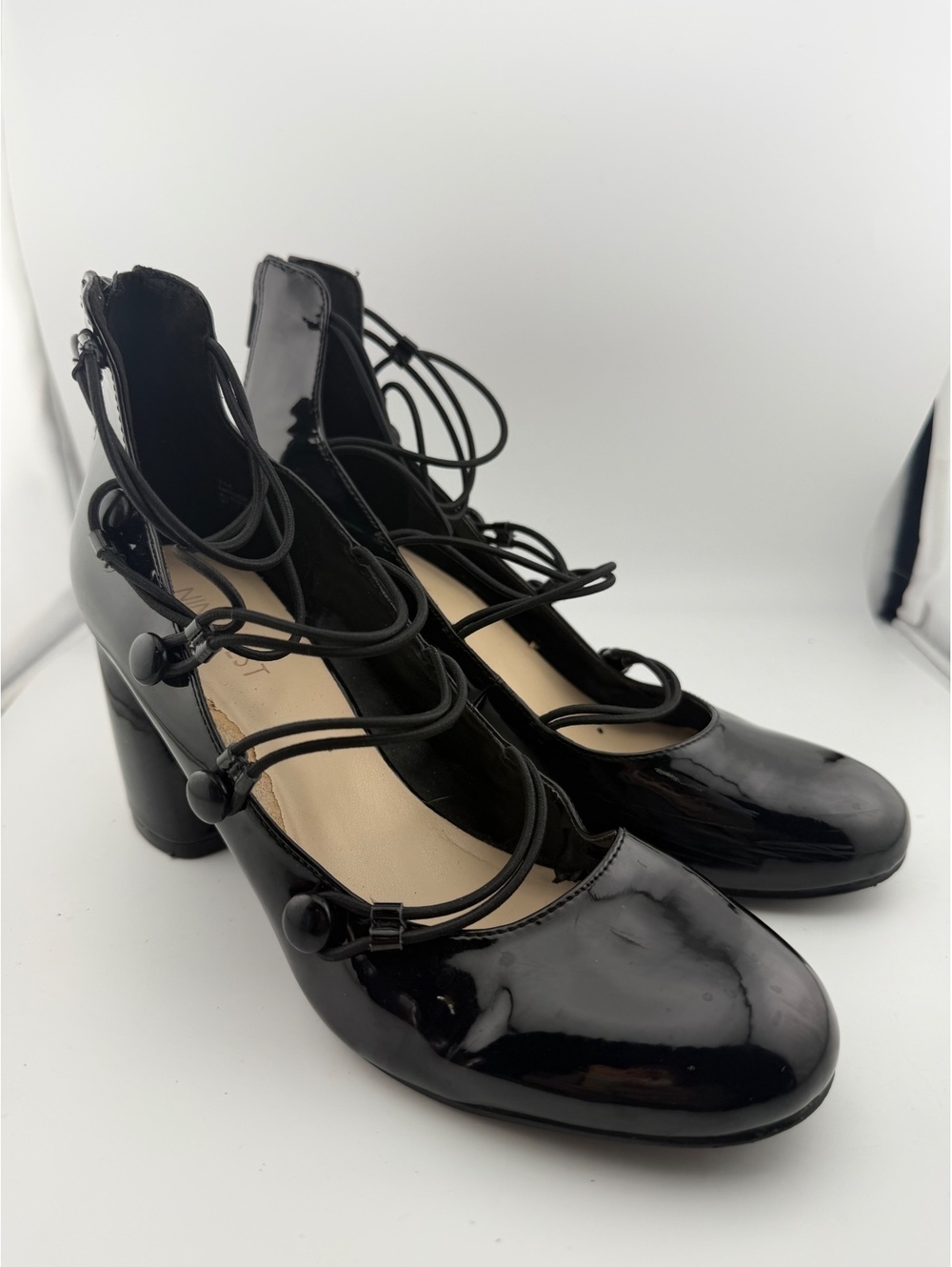 Nine West Kaede Glossy Black Lace-Up Pump Heels, Size 7
